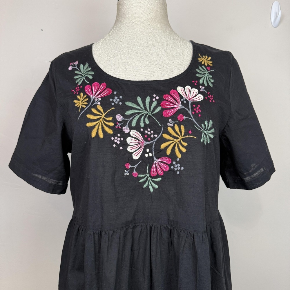 Gudrun Sjoden Dress Womens M Black Embroidered Floral Lagenlook Organic Cotton - Picture 4 of 12